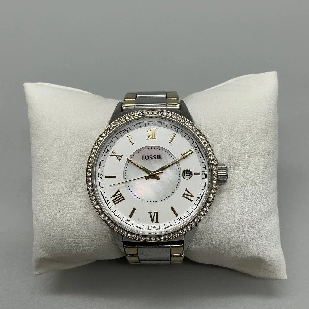 Fossil Blythe Womens Watch 38mm MOP Two Tone Crystal Date New Battery 5.75